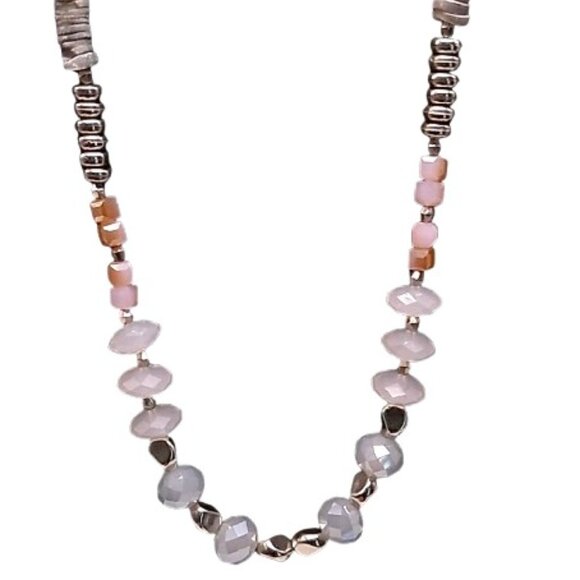 Long Beaded Necklace Pastel Colored Beads Silver-tone Delicate Beaded Chain - Picture 1 of 14